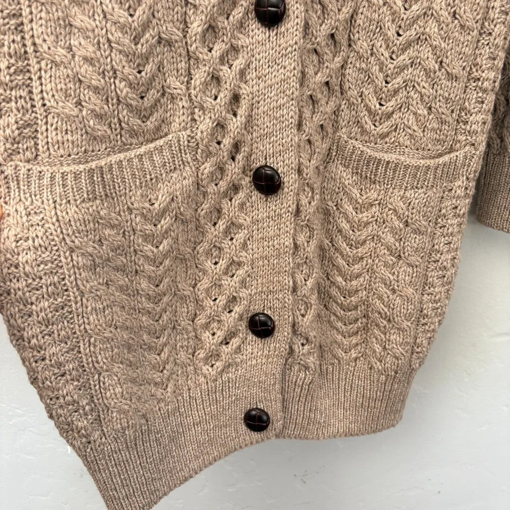 Aran Sweater Market Merino Wool Cardigan Men Sz XS Beige Button Down Cable Knit